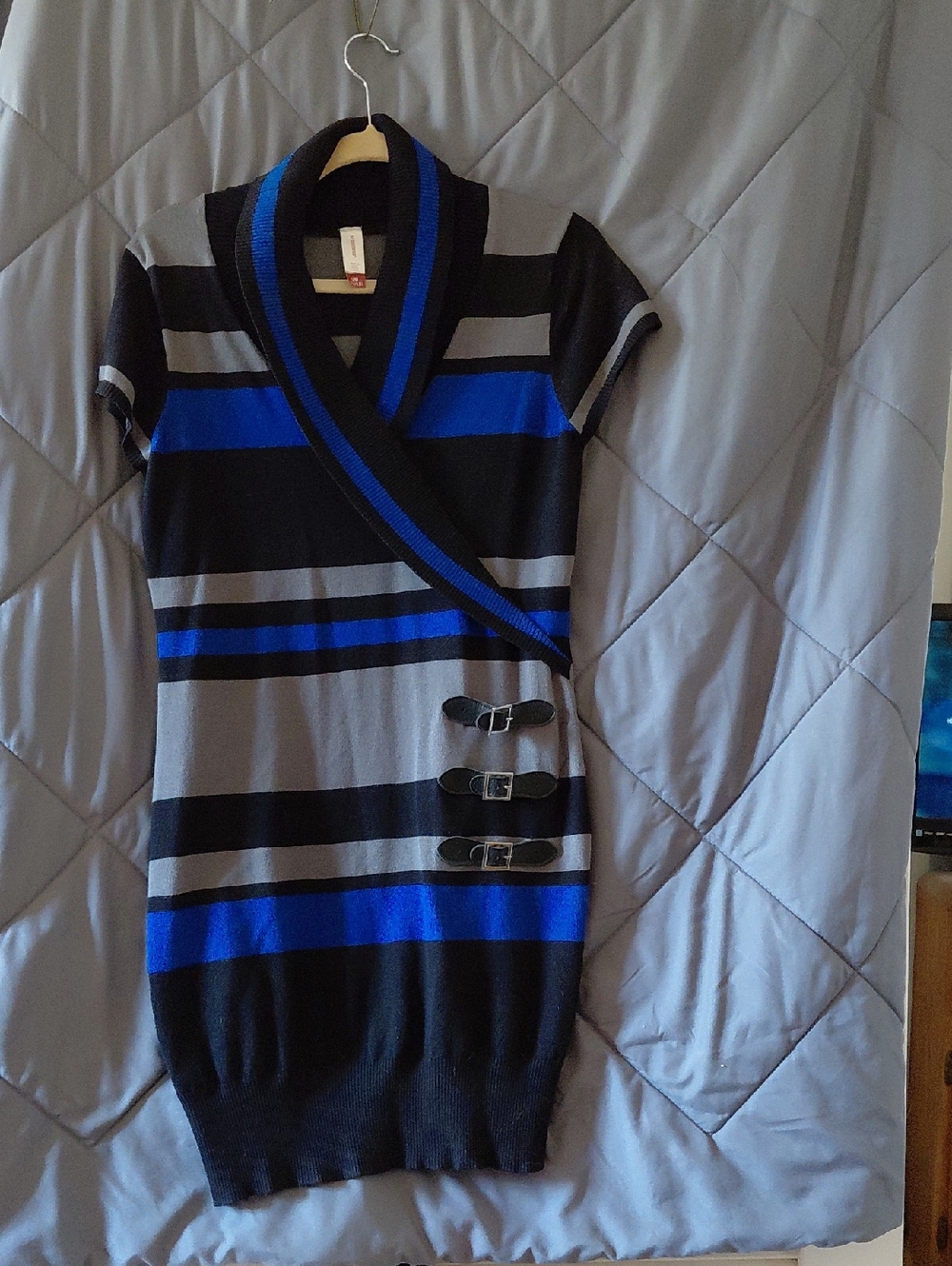 No Boundaries Black, Gray & Blue Ribbed Wrap Dress